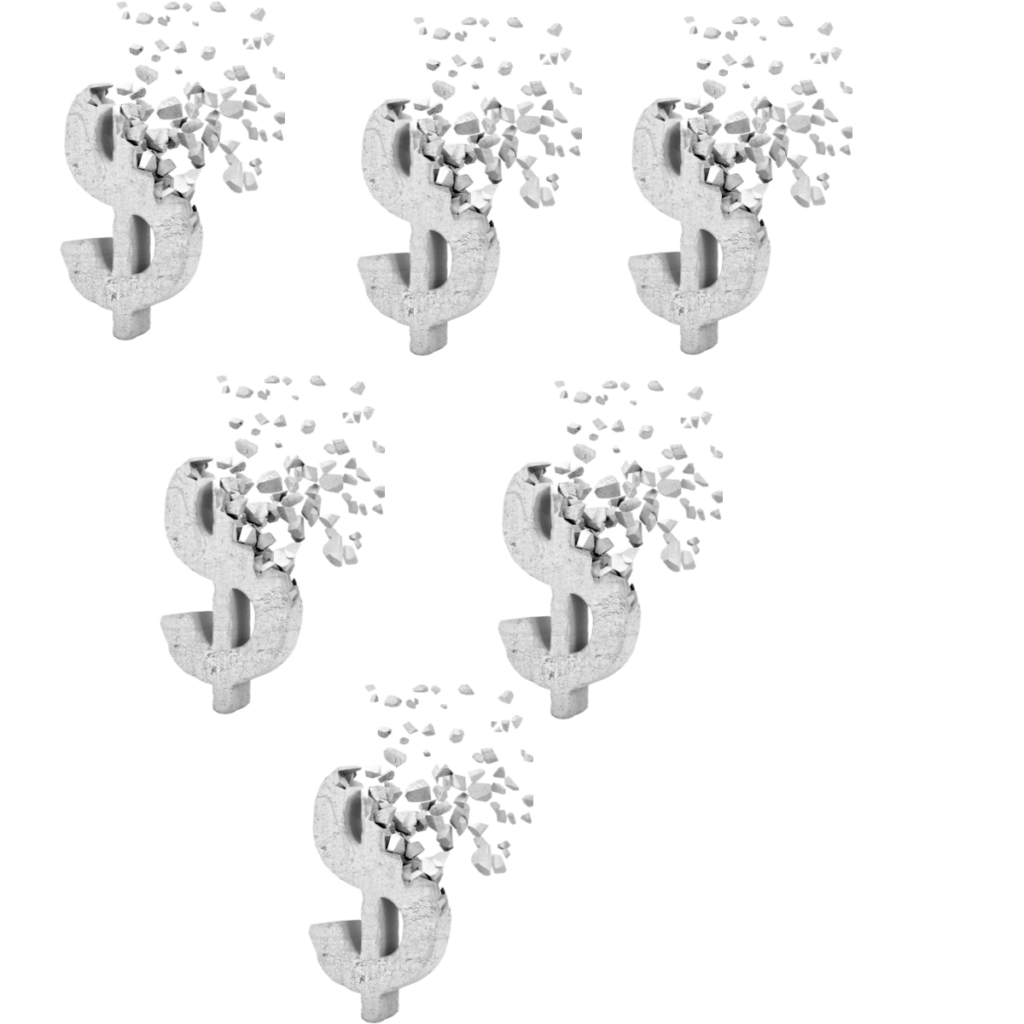 six dollar signs breaking apart